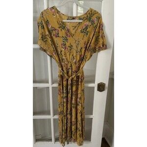 Yellow Midi Dress Floral Womens Medium Lightweight